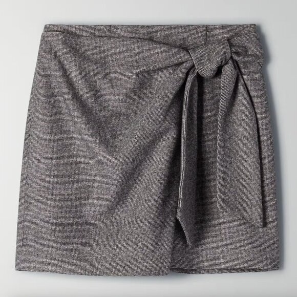 Aritzia Wilfred Wrap Front Wool Cashmere Bow Mini Skirt Grey Plaid Size 10 - Picture 1 of 8